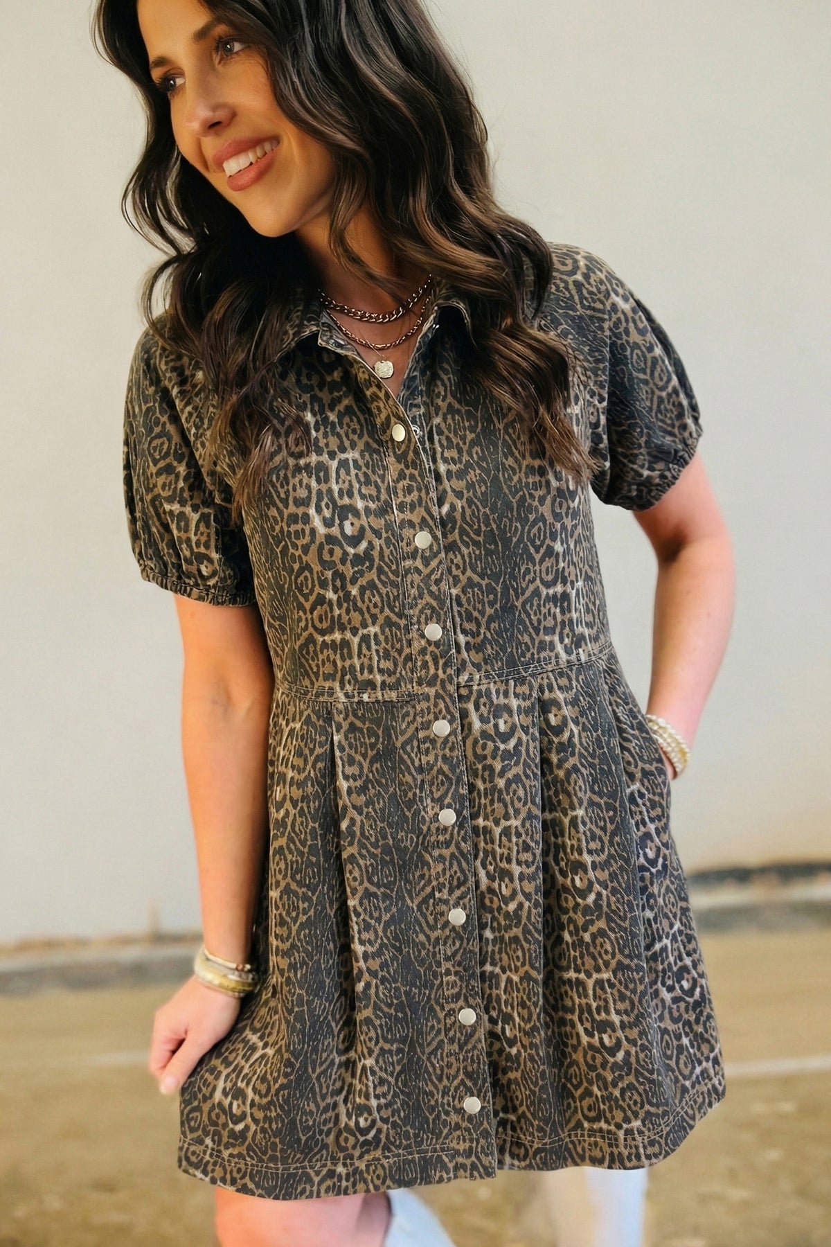 Gray Leopard Print Short Sleeve Pleated Denim Mini Dress PREORDER ETA 3 WEEKS