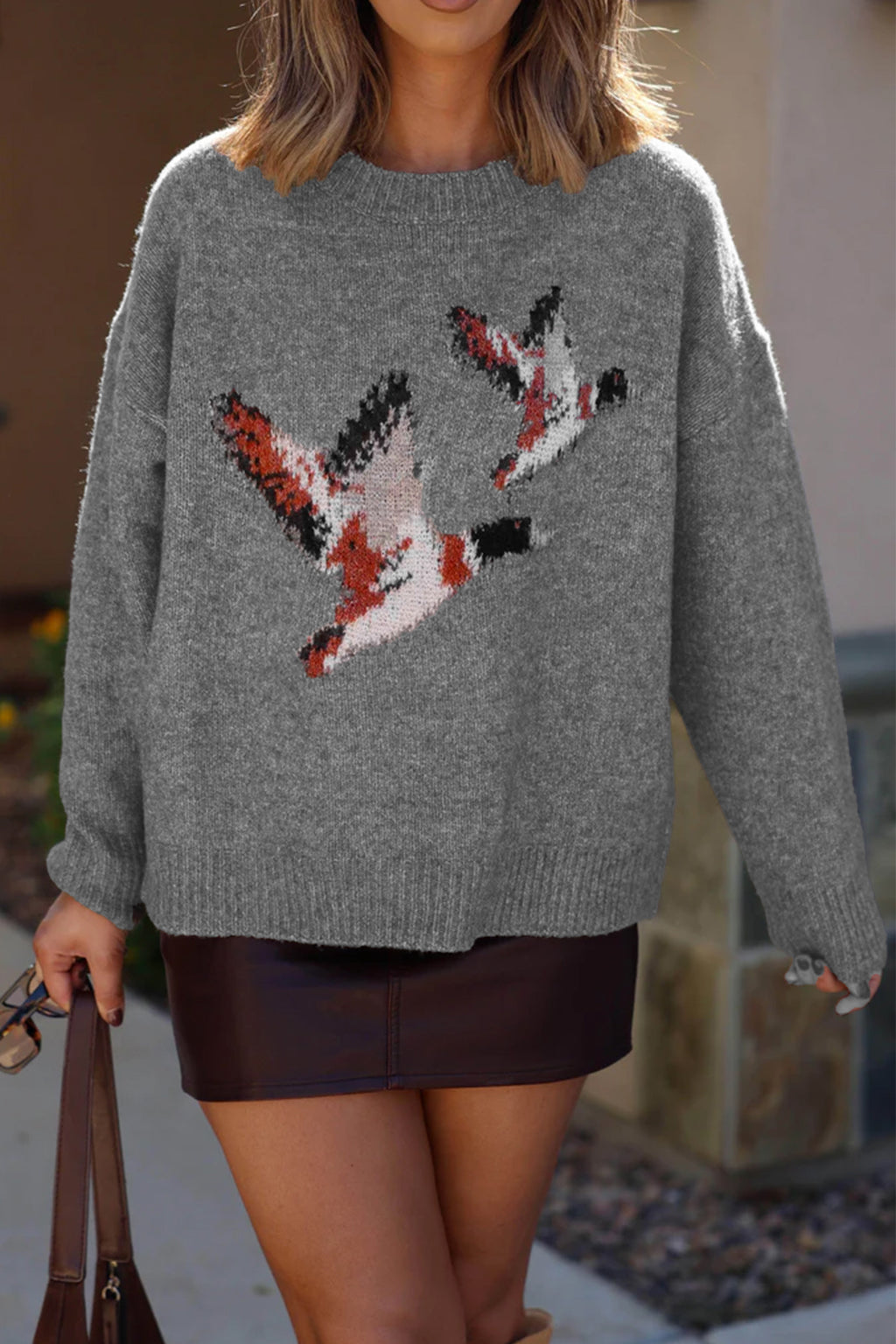 Gray Wild Mallard Drop Shoulder Round Neck Long Sleeve Pullover Sweater PREORDER ETA 3 WEEKS
