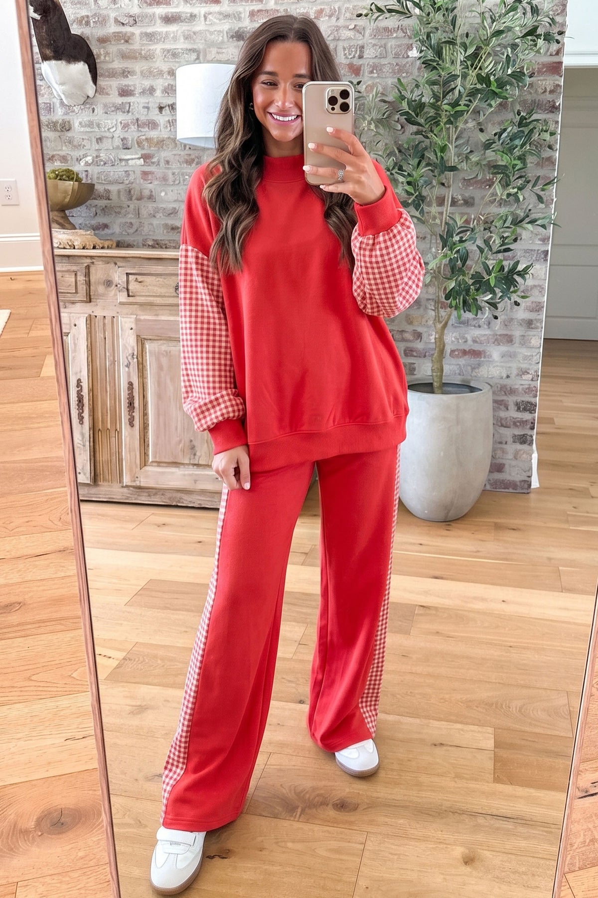 Fiery Red Plaid Contrast Long Sleeve Top And Wide Leg Pants Set PREORDER ETA 3 WEEKS
