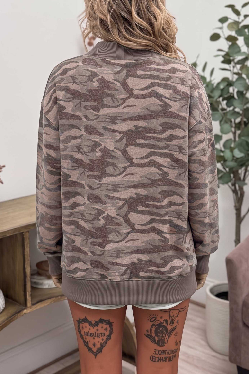 Multicolour Camouflage Print Mock Neck Casual Pullover Sweatshirt PREORDER ETA 3 WEEKS
