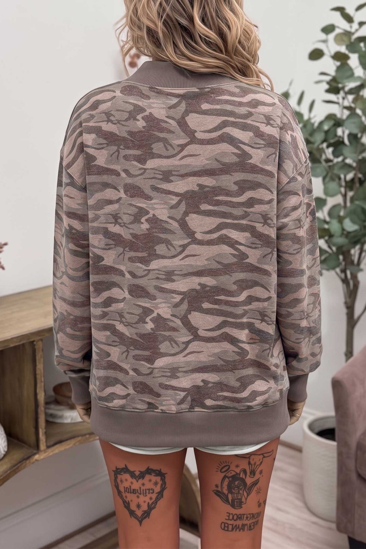 Multicolour Camouflage Print Mock Neck Casual Pullover Sweatshirt PREORDER ETA 3 WEEKS