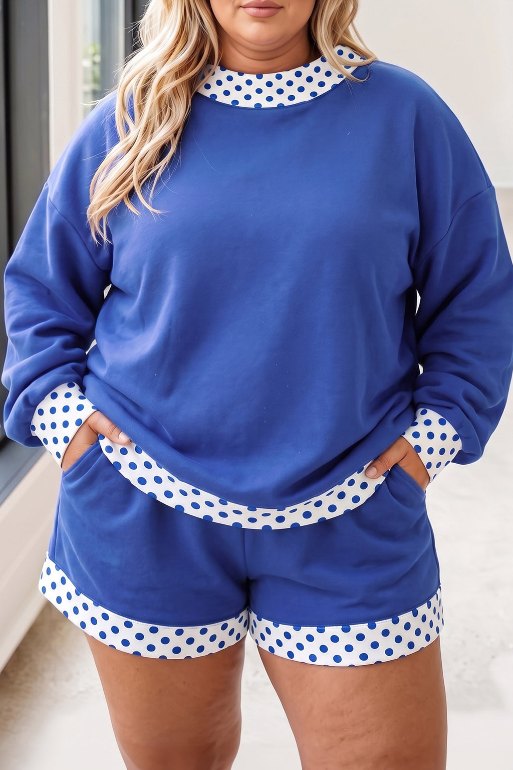 Dark Blue Polka Dot Patchwork Long Sleeve Plus Size Two-piece Outfits PREORDER ETA 3 WEEKS