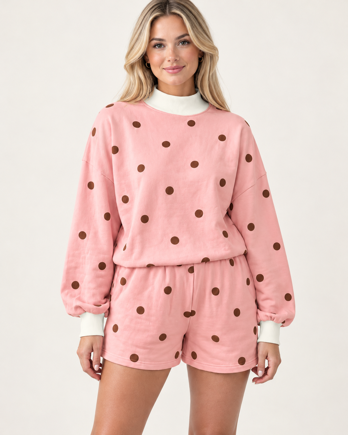 Brown Polka Dot Ribbed Trim Long Sleeve Top Casual Short Set PREORDER ETA 3 WEEKS