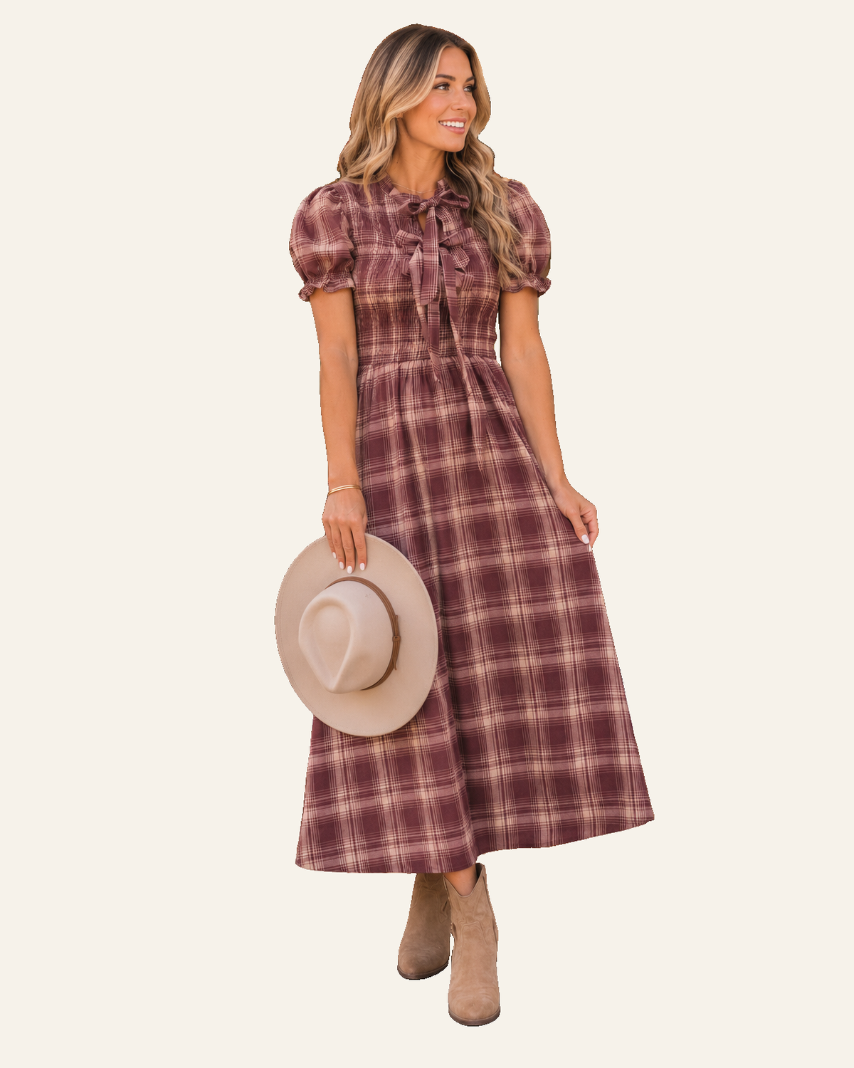 Red Vintage Plaid Knot Front Smocked High Waist Midi Dress PREORDER ETA 3 WEEKS