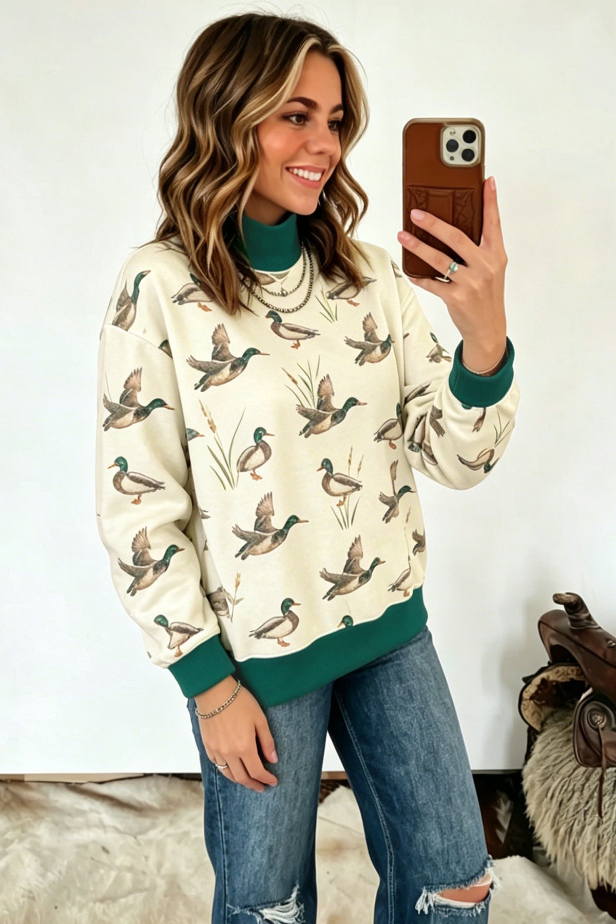 Multicolour Mallard Print Patchwork Colorblock High Neck Sweatshirt PREORDER ETA 3 WEEKS