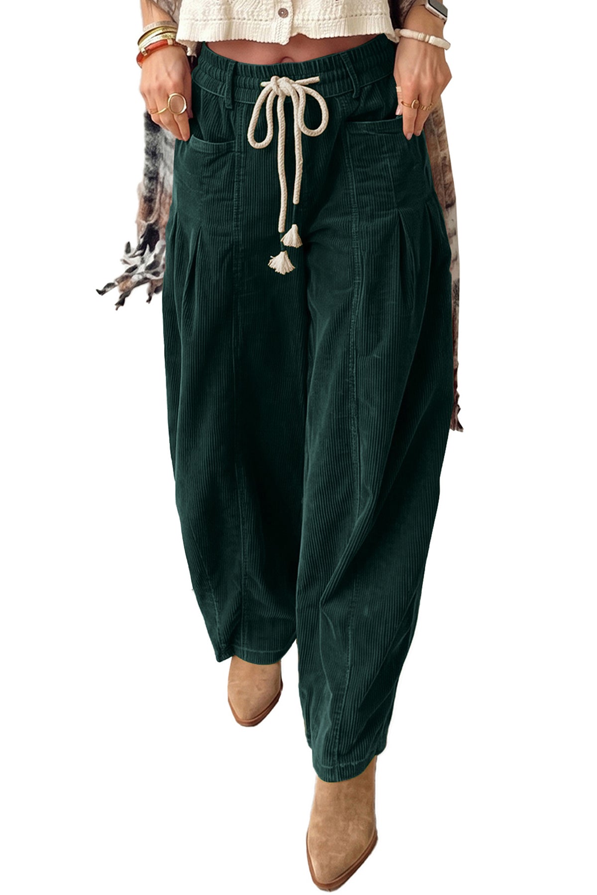 Blackish Green Elastic Waist Drawstring Corduroy Casual Pants PREORDER ETA 3 WEEKS