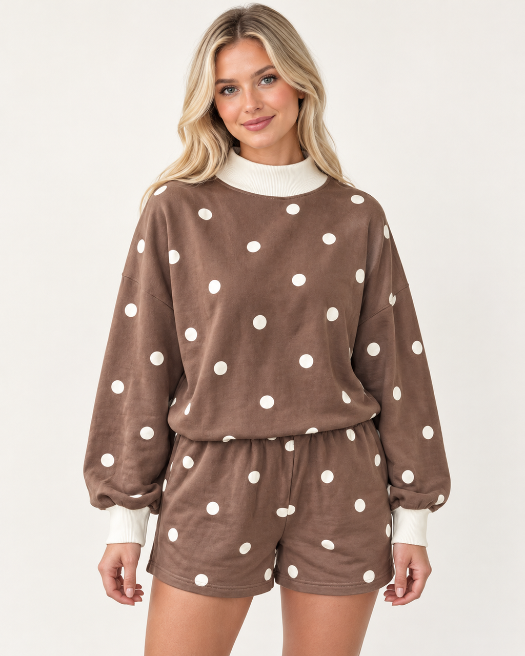 Brown Polka Dot Ribbed Trim Long Sleeve Top Casual Short Set PREORDER ETA 3 WEEKS