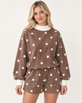 Brown Polka Dot Ribbed Trim Long Sleeve Top Casual Short Set PREORDER ETA 3 WEEKS