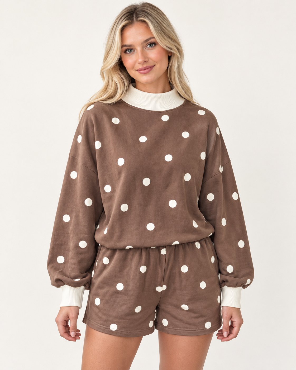 Brown Polka Dot Ribbed Trim Long Sleeve Top Casual Short Set PREORDER ETA 3 WEEKS