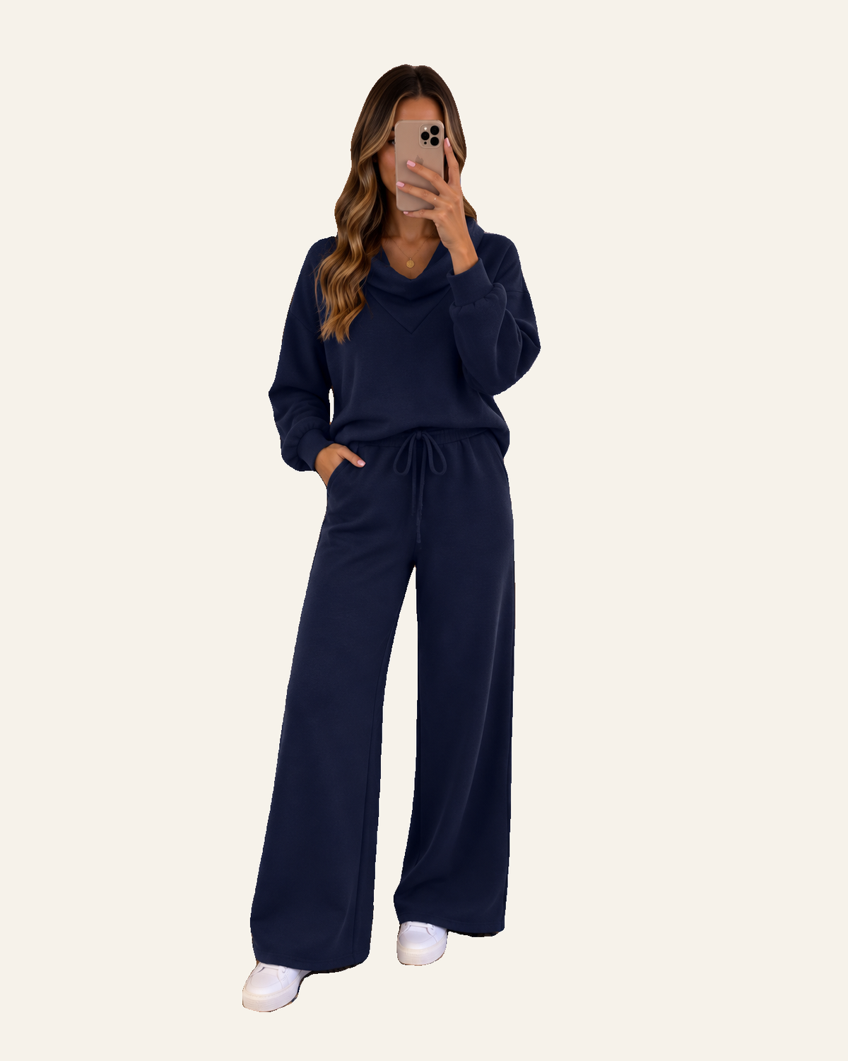 Navy Blue Solid Color Cowl Neck Drawstring Pullover Wide Leg Athleisure Pants Set PREODER
