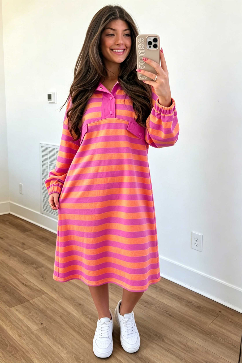 Rose Stripe Long Sleeve Polo Neck Midi Dress PREORDER ETA 3 WEEKS