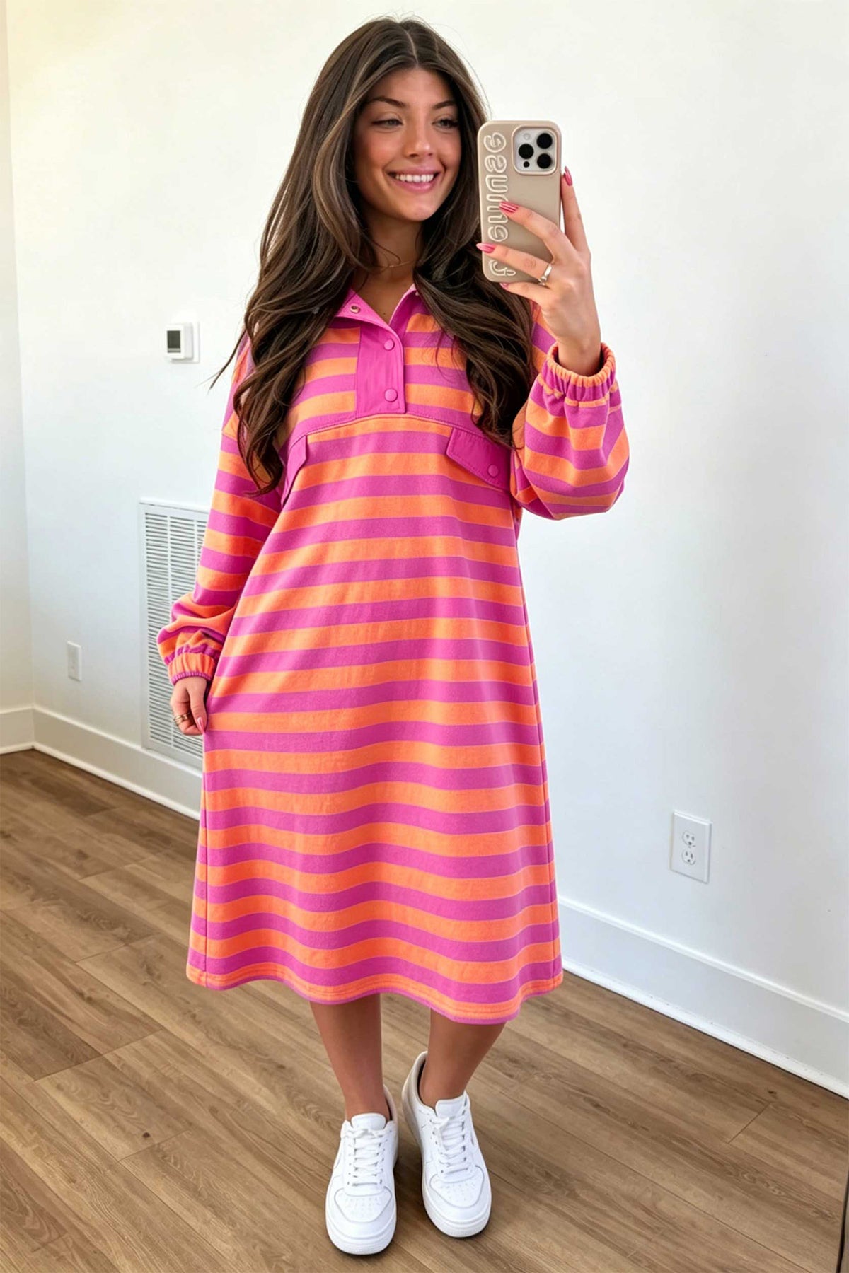 Rose Stripe Long Sleeve Polo Neck Midi Dress PREORDER ETA 3 WEEKS