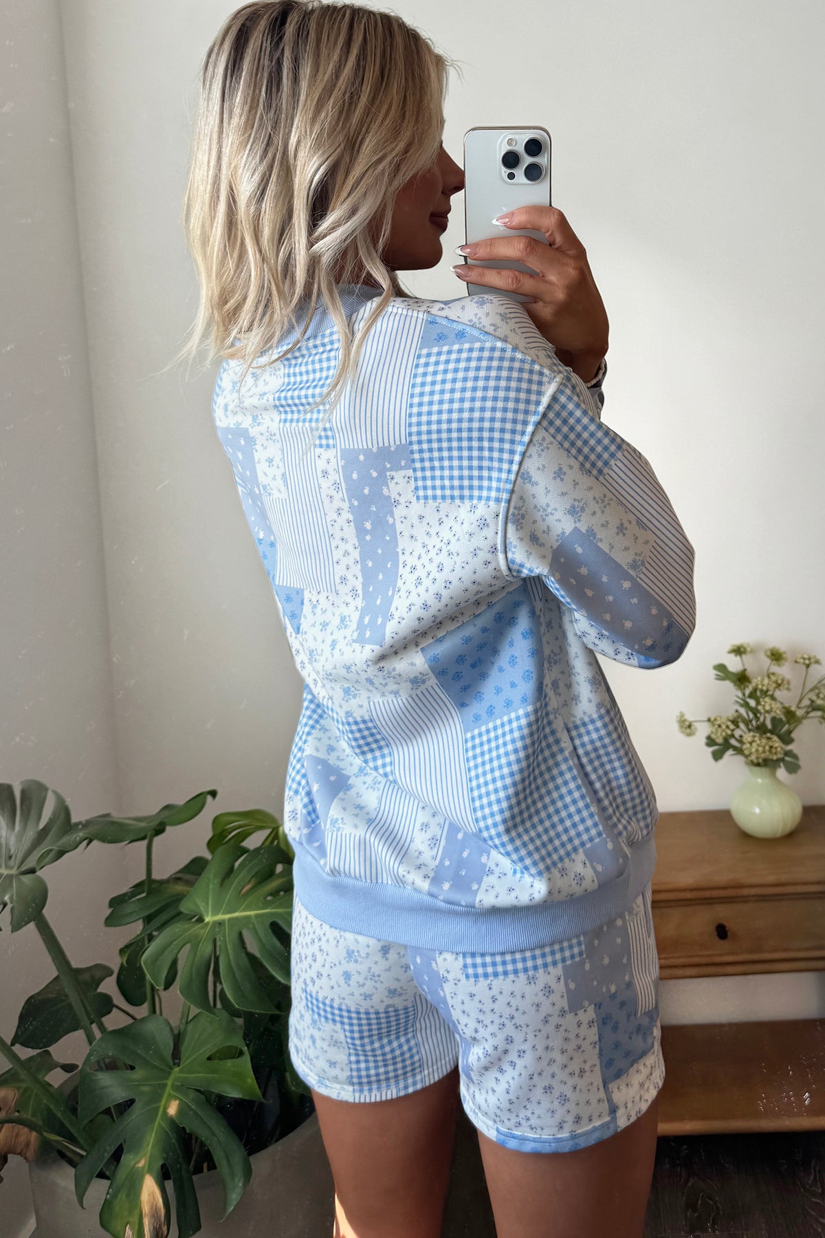 Sky Blue Patchwork Floral Print Drop Shoulder Baggy Pullover Drawstring Shorts Set PREORDER ETA 3 WEEKS