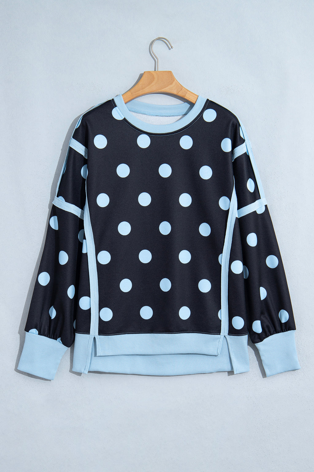 Black Polka Dot Contrast Patchwork Round Neck Baggy Sweatshirt PREORDER ETA 3 WEEKS