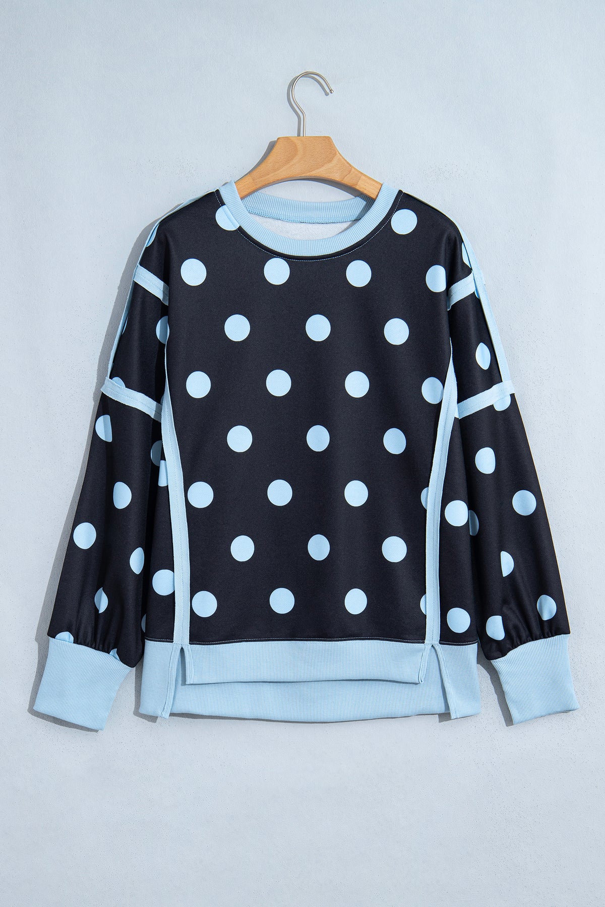 Black Polka Dot Contrast Patchwork Round Neck Baggy Sweatshirt PREORDER ETA 3 WEEKS