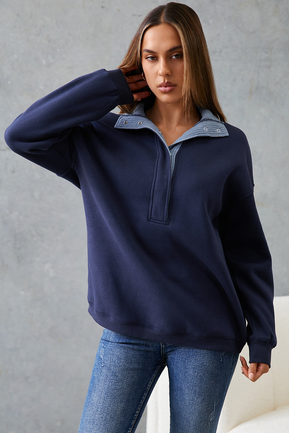 Dirty blue Drop Shoulder Metal Button Casual Pullover Sweatshirt PREORDER ETA 3 WEEKS