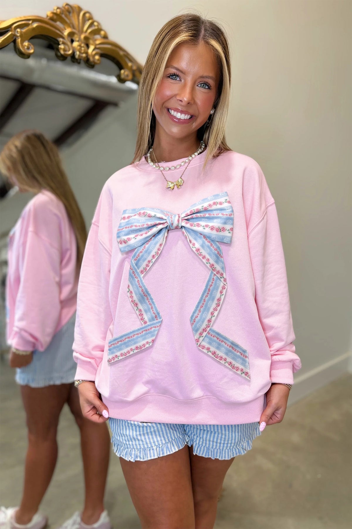 Pink Floral Bow Decoration Drop Shoulder Long Sleeve Top PREORDER ETA 3 WEEKS