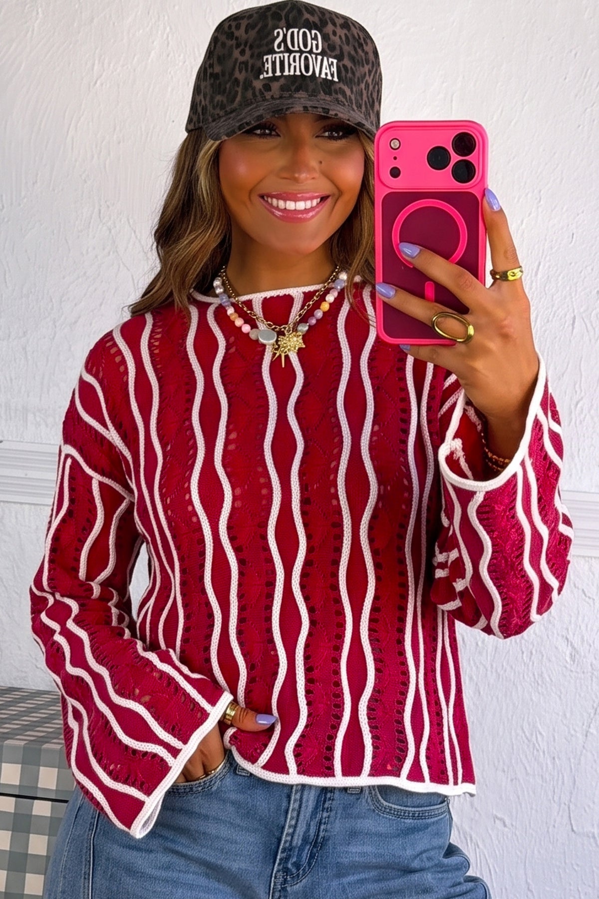 Racing Red Wavy Detail Hollow Out Knit Long Sleeve Cotton Pullover Sweater PREORDER ETA 3 WEEKS