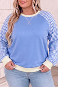Light Blue Plaid Sleeve Ribbed Colorblock Trim Plus Size Sweatshirt PREORDER ETA 3 WEEKS