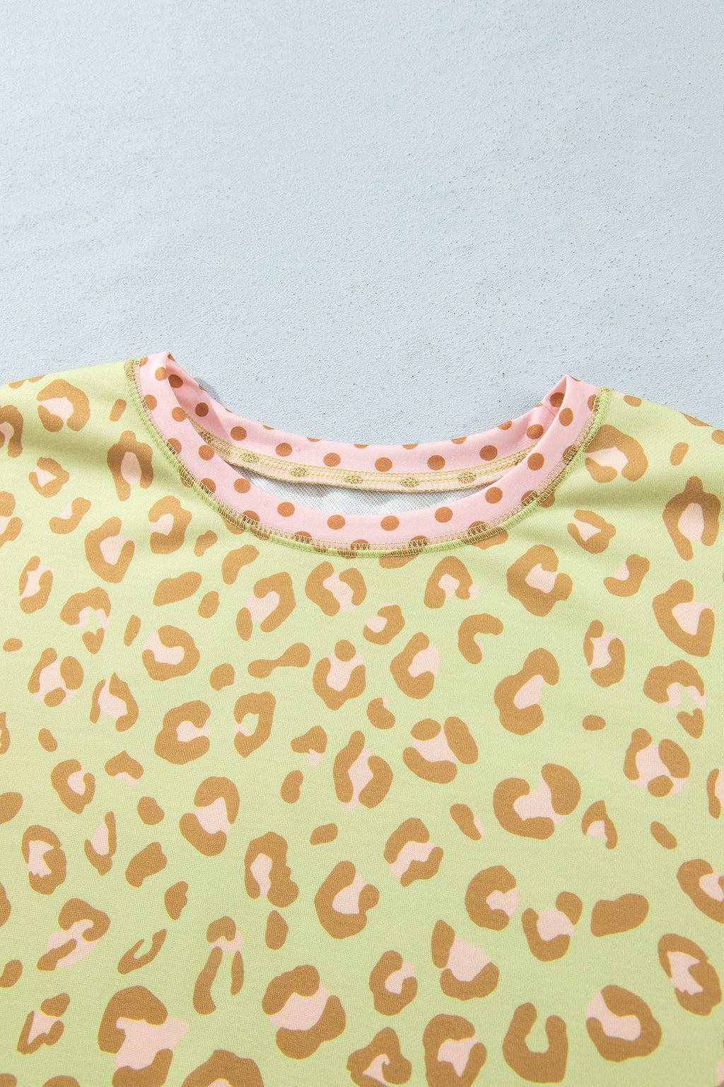 Khaki Plus Size Leopard Print Contrast Polka Dot Trim Long Sleeve Top PREORDER ETA 3 WEEKS