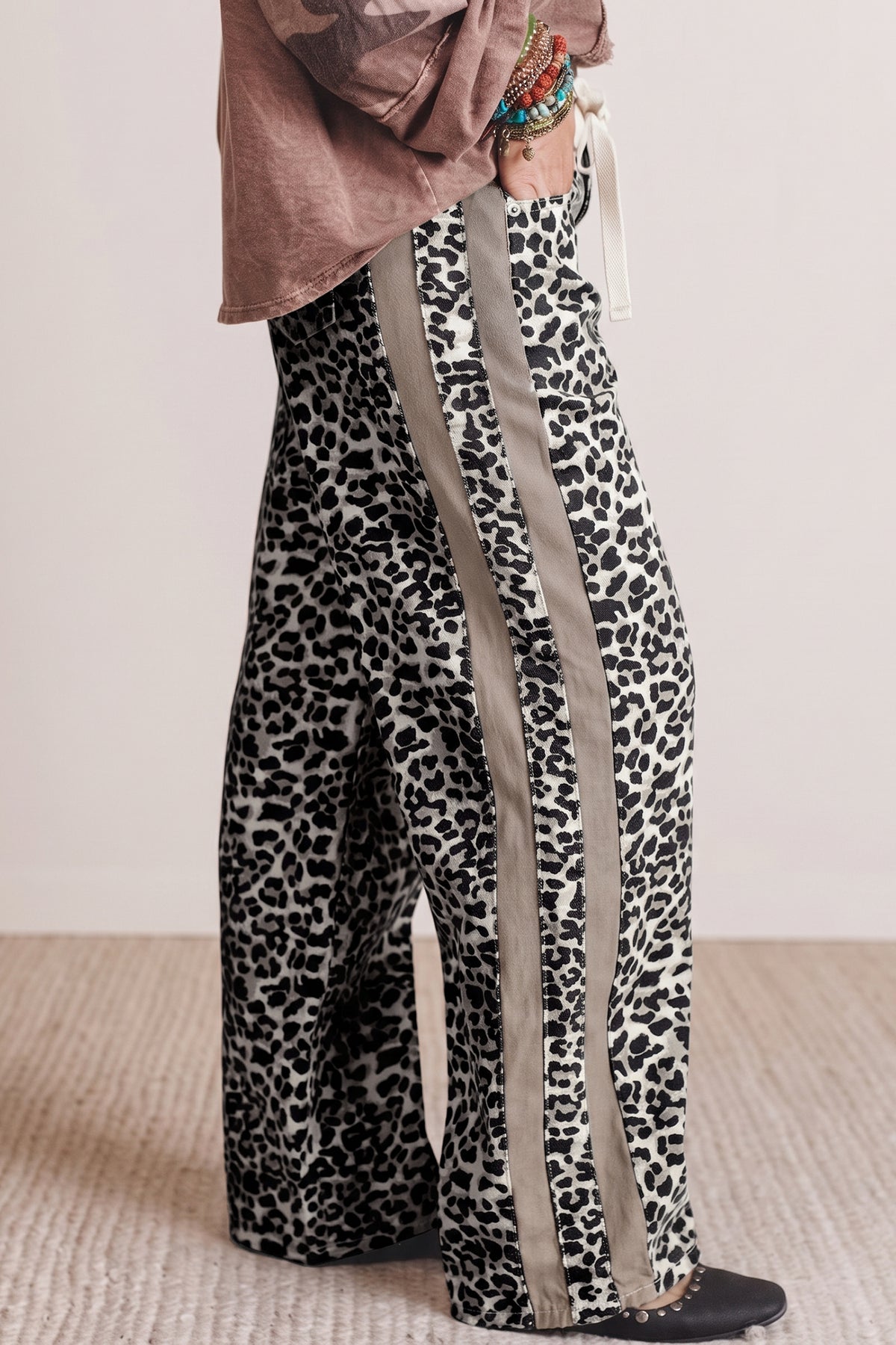 Khaki Leopard Print Drawstring Waist Straight Leg Jeans PREORDER ETA 3 WEEKS