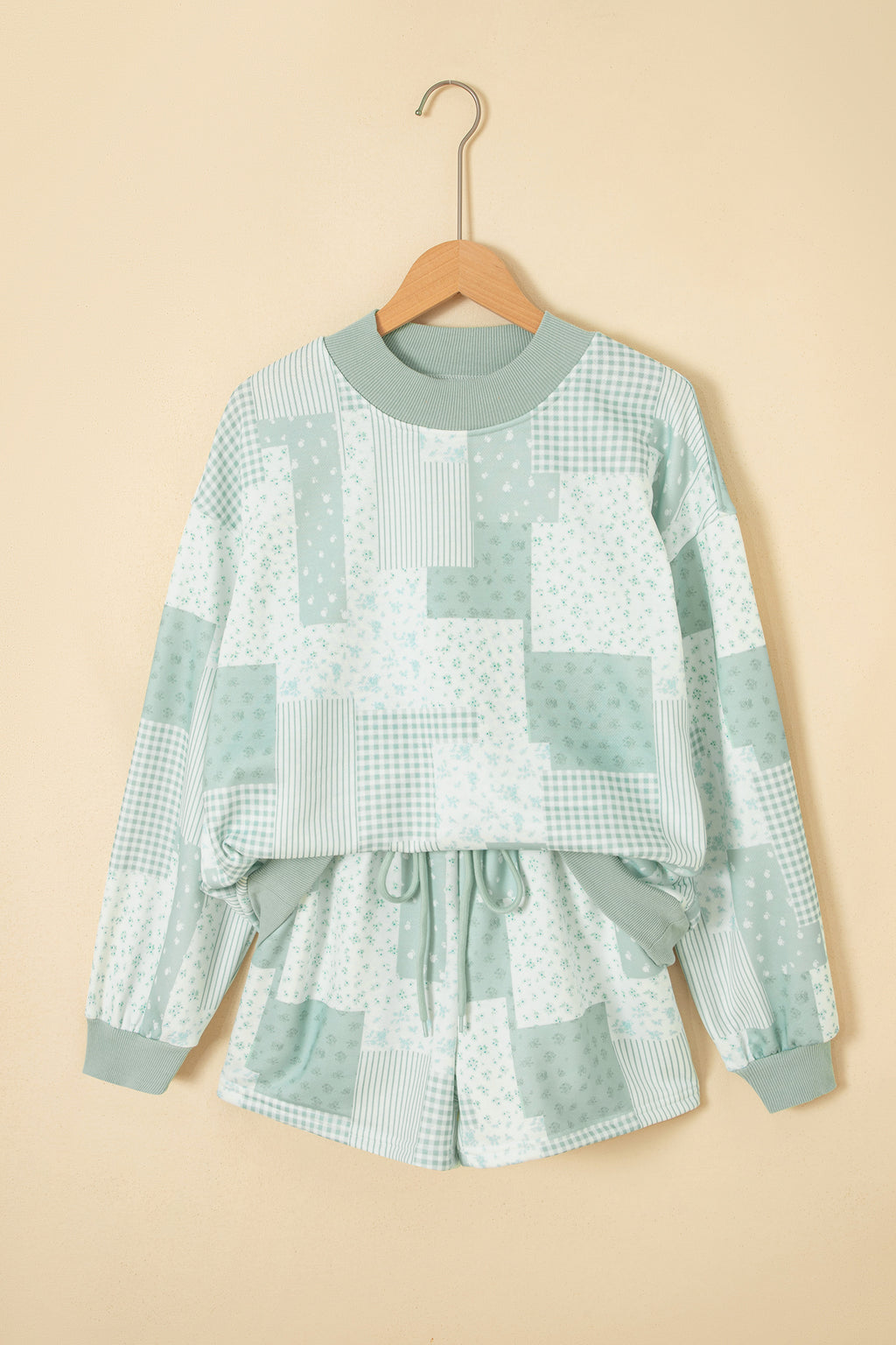 Sky Blue Patchwork Floral Print Drop Shoulder Baggy Pullover Drawstring Shorts Set PREORDER ETA 3 WEEKS
