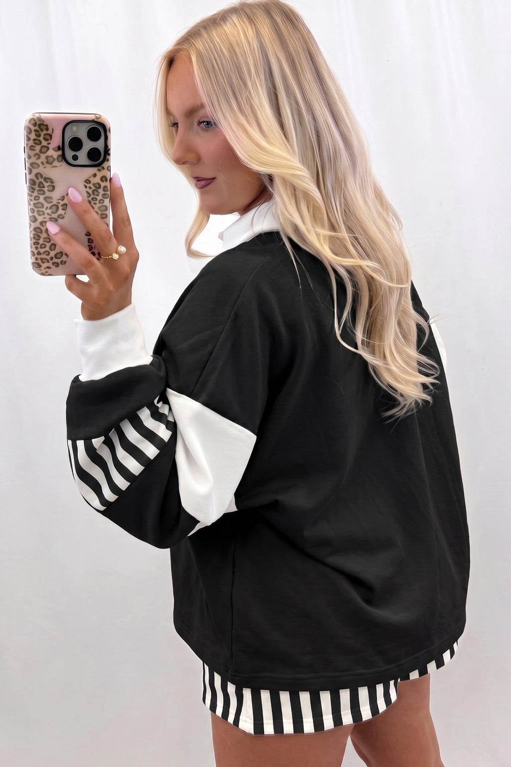 Black Striped Color Block Pullover Top Drawstring Shorts Set PREORDER ETA 3 WEEKS