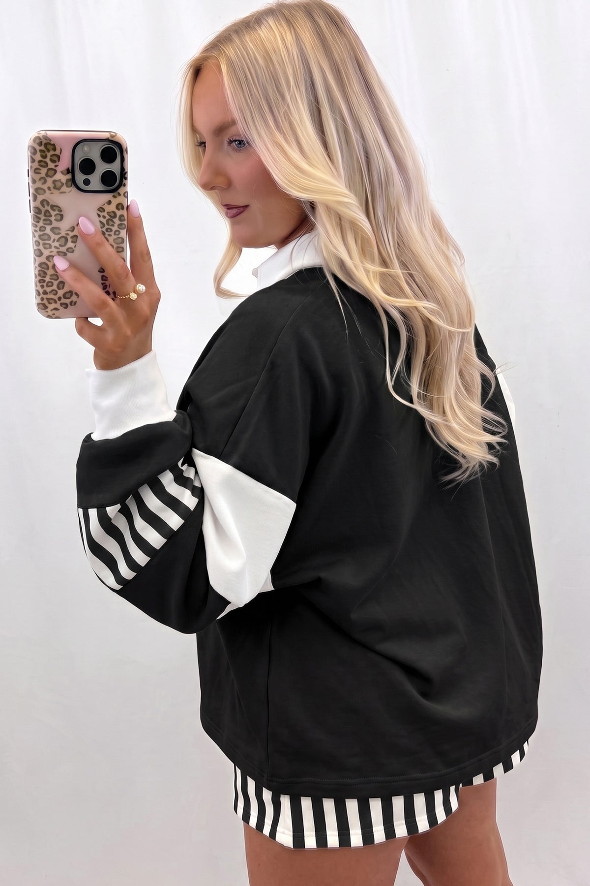 Black Striped Color Block Pullover Top Drawstring Shorts Set PREORDER ETA 3 WEEKS