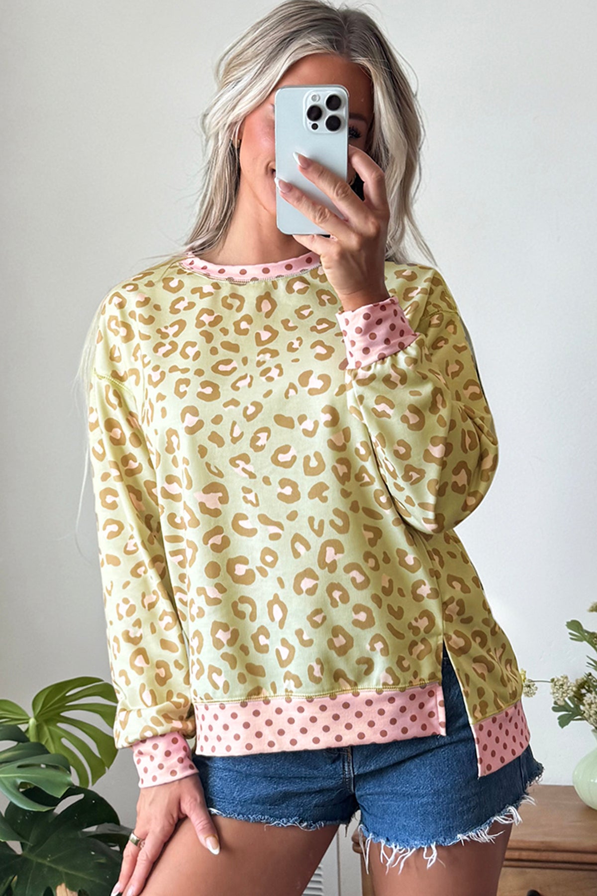 Khaki Leopard Polka Dot Colorblock Trim Long Sleeve Top PREORDER ETA 3 WEEKS