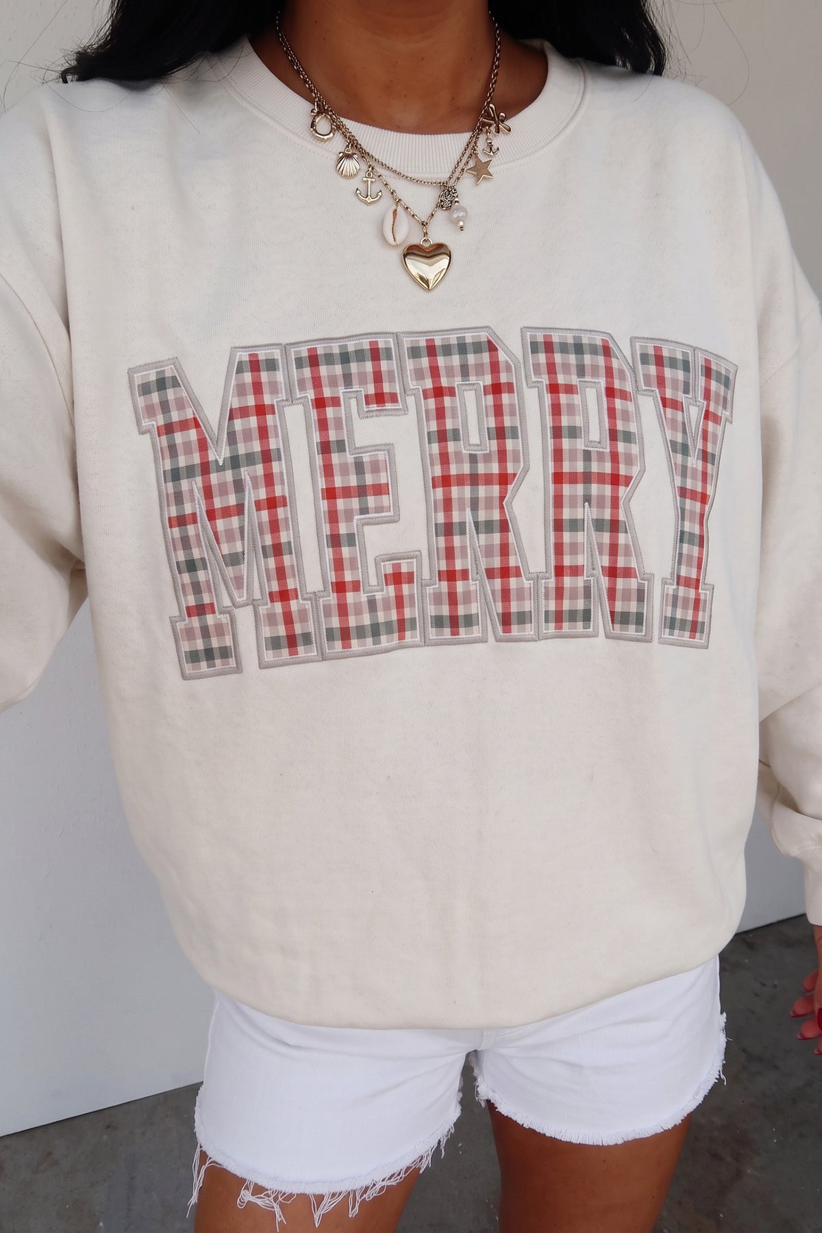 White Embroidered Plaid MERRY Sweatshirt PREORDER ETA 3 WEEKS