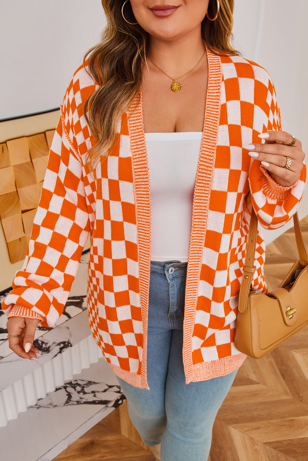 Orange Plus Size Checkered Bubble Sleeve Drop Shoulder Open Cardigan PREORDER ETA 3 WEEKS
