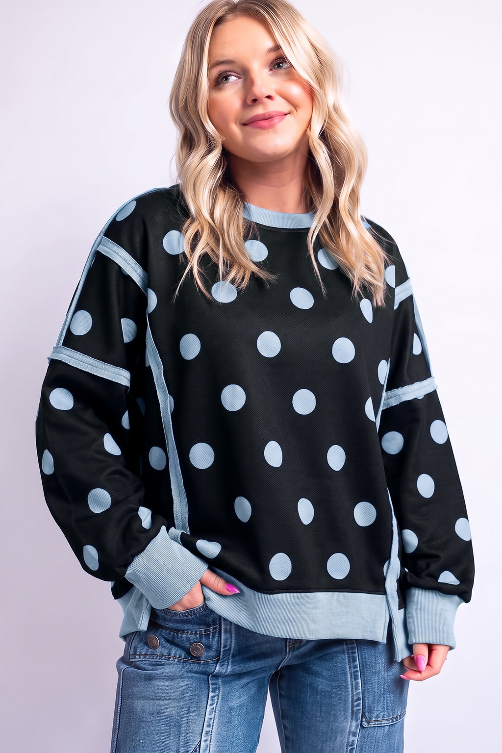 Black Polka Dot Contrast Patchwork Round Neck Baggy Sweatshirt PREORDER ETA 3 WEEKS