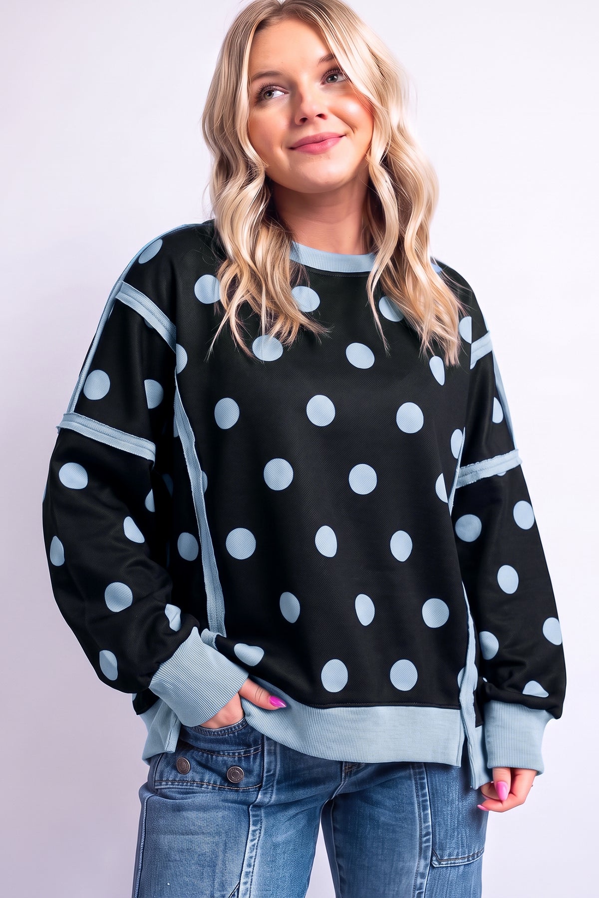 Black Polka Dot Contrast Patchwork Round Neck Baggy Sweatshirt PREORDER ETA 3 WEEKS