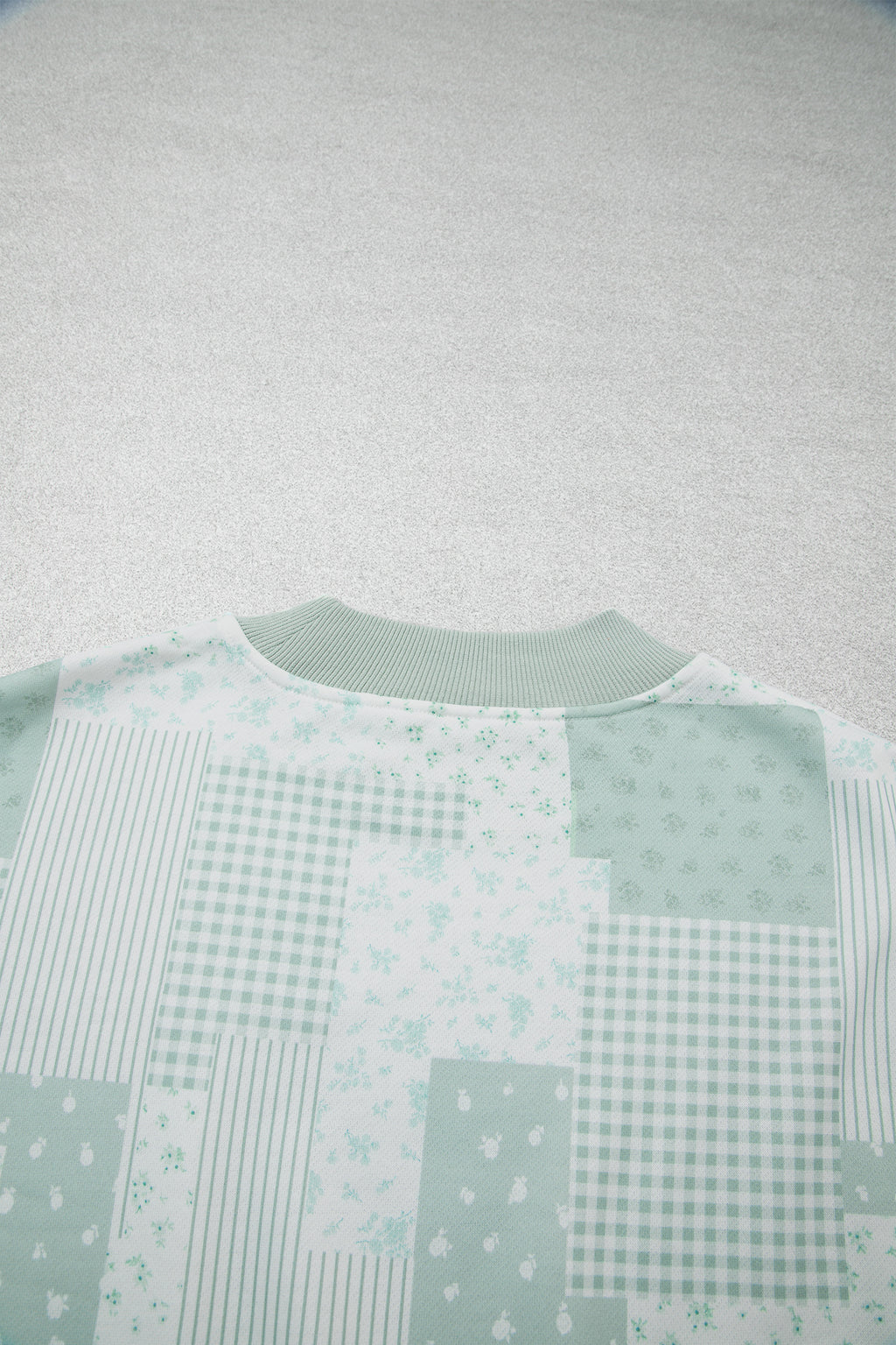 Sky Blue Patchwork Floral Print Drop Shoulder Baggy Pullover Drawstring Shorts Set PREORDER ETA 3 WEEKS