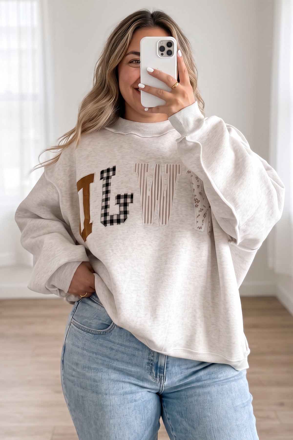 Gray WWJD Mix Pattern Letter Graphic Exposed Seam Loose Plus Size Sweatshirt PREORDER ETA 3 WEEKS