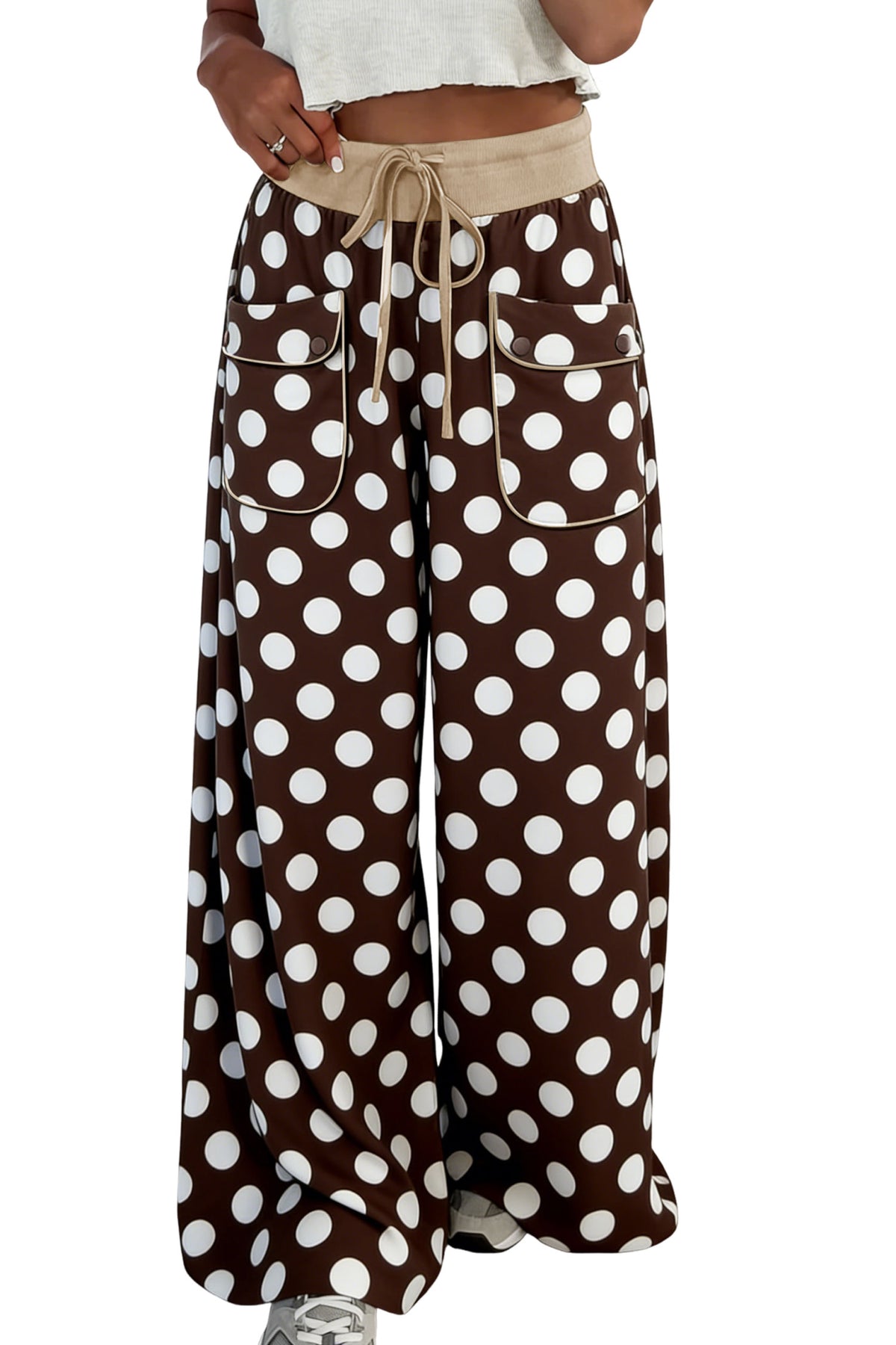 Brown Polka Dot Drawstring Pocket Wide Leg Pants PREORDER ETA 3 WEEKS