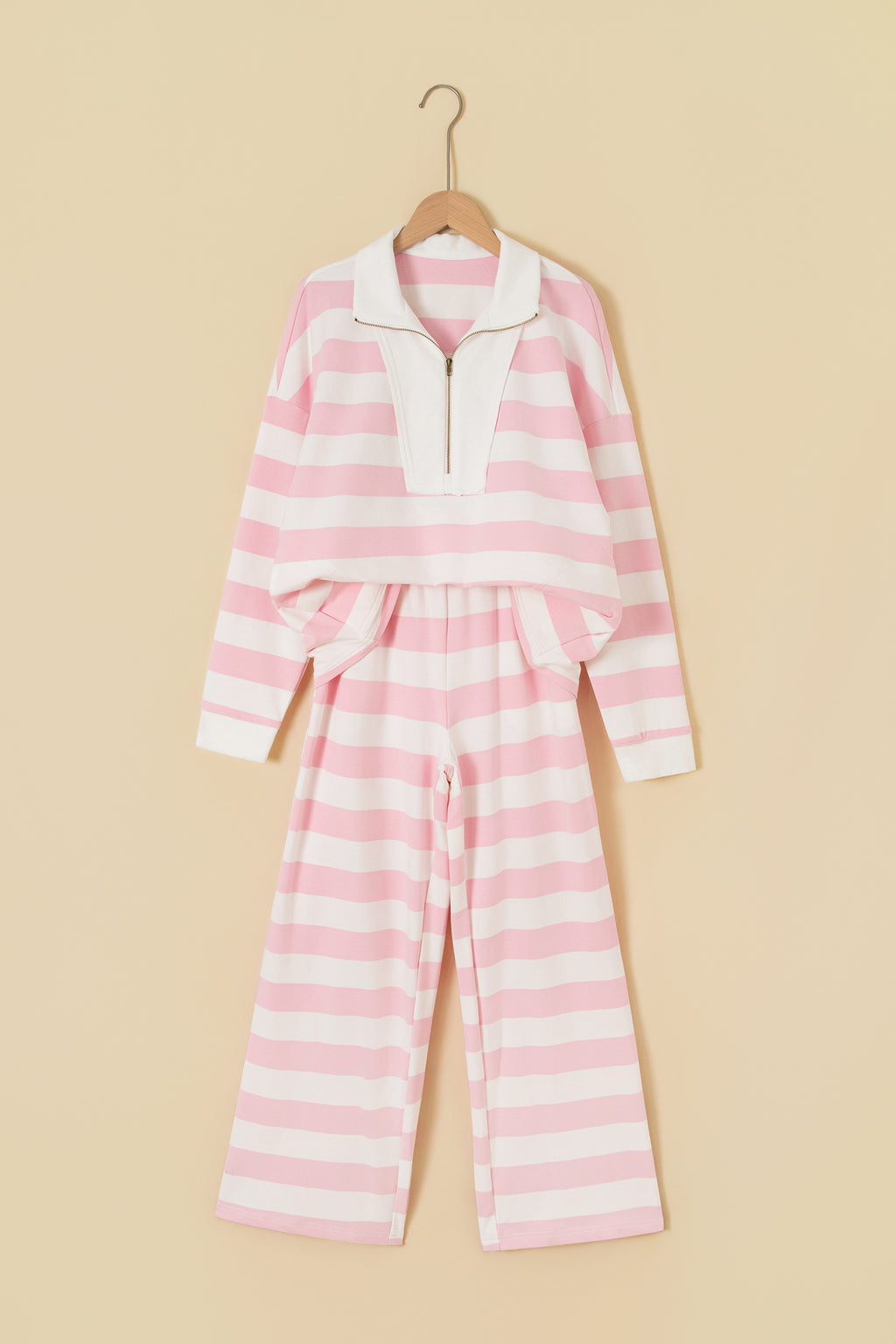 Pink Stripe Color Block Patchwork Zip Long Sleeve Top Elastic Waist Pants Set PREORDER ETA 3 WEEKS
