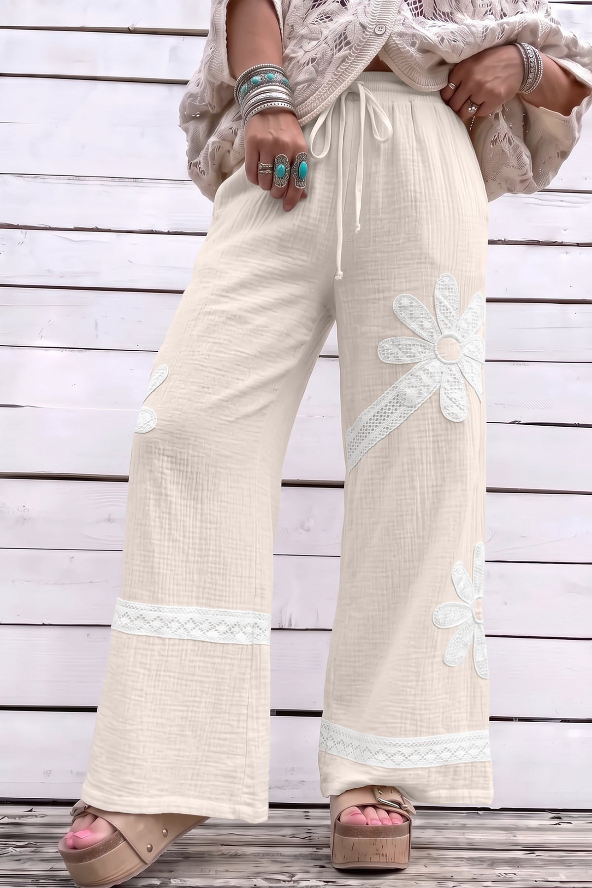 White Floral Lace Patchwork Boho Wide Leg Casual Pants PREORDER ETA 3 WEEKS