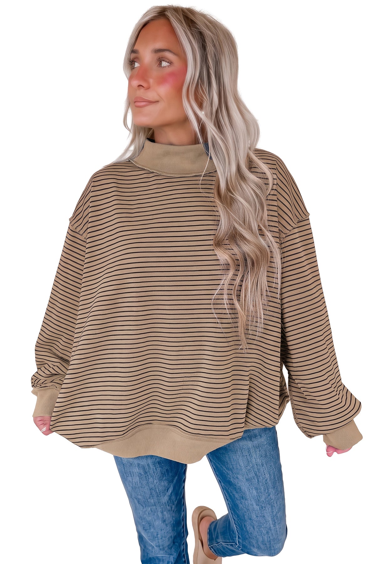 Khaki Stripe Ribbed Color Block Mock Neck Oversized Sweatshirt PREORDER ETA 3 WEEKS