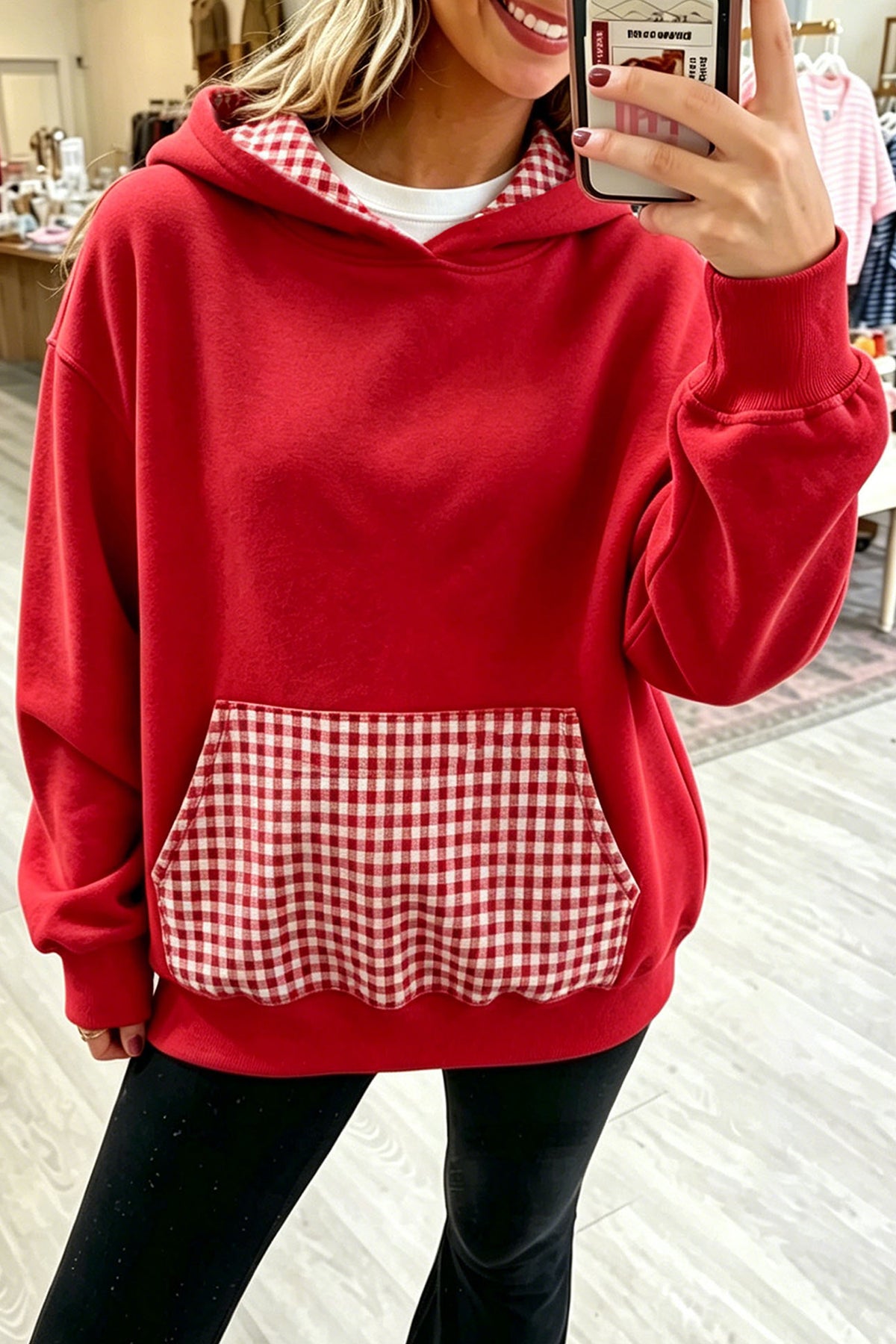 Racing Red Plaid Patchwork Front Pocket Casual Hoodie PREORDER ETA 3 WEEKS