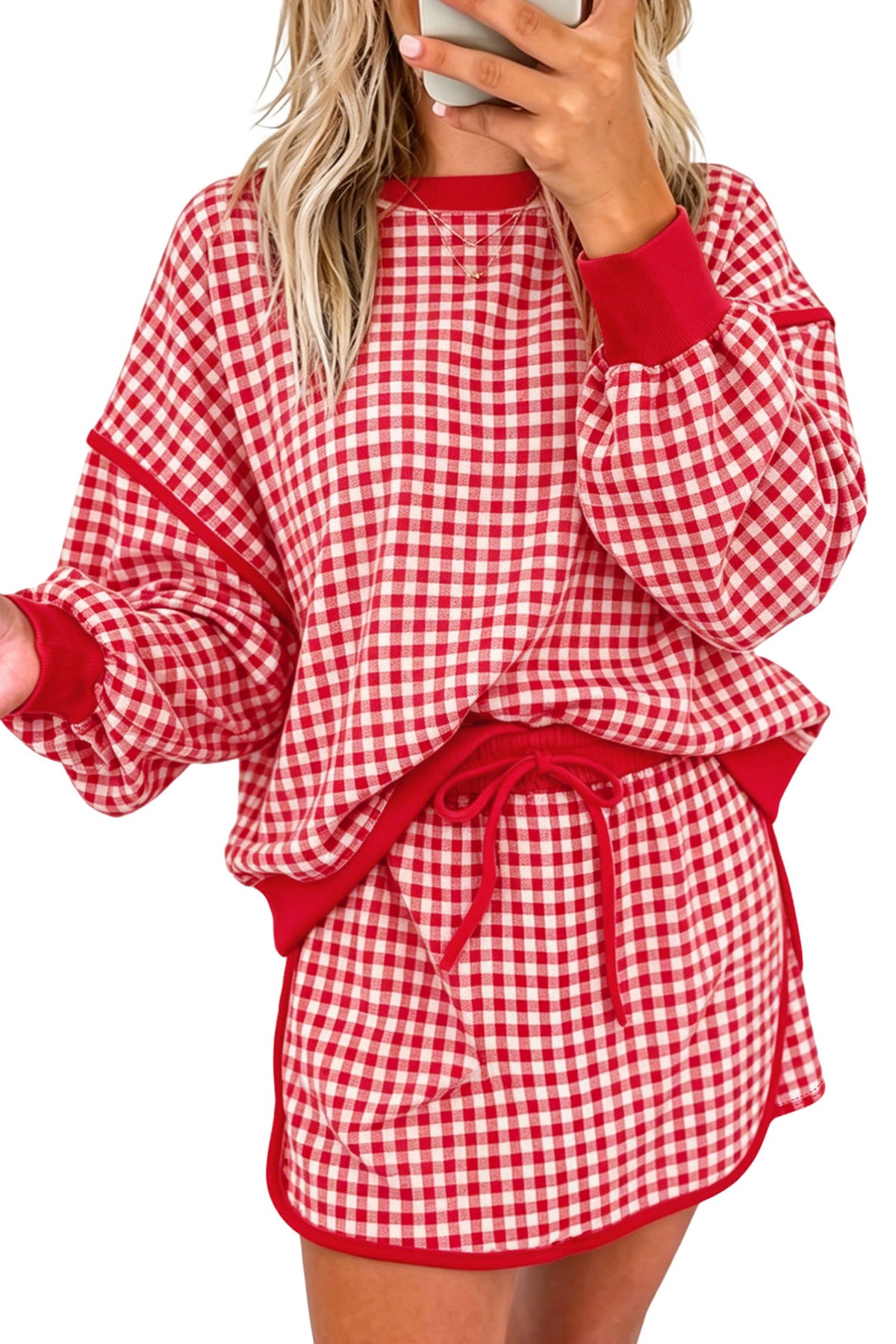 Green Gingham Oversized Ribbed Trim Crew Neck Long Sleeve Top and Skort Set PREORDER ETA 3 WEEKS