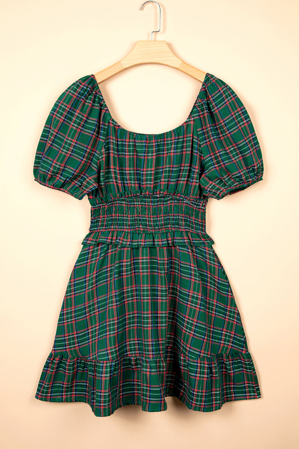 Green Plaid Shirred U Neck Short Sleeve Mini Dress PREORDER ETA 3 WEEKS