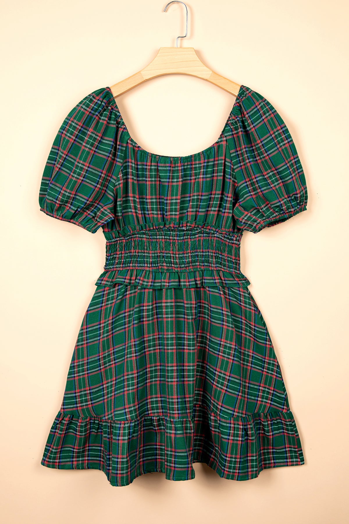 Green Plaid Shirred U Neck Short Sleeve Mini Dress PREORDER ETA 3 WEEKS