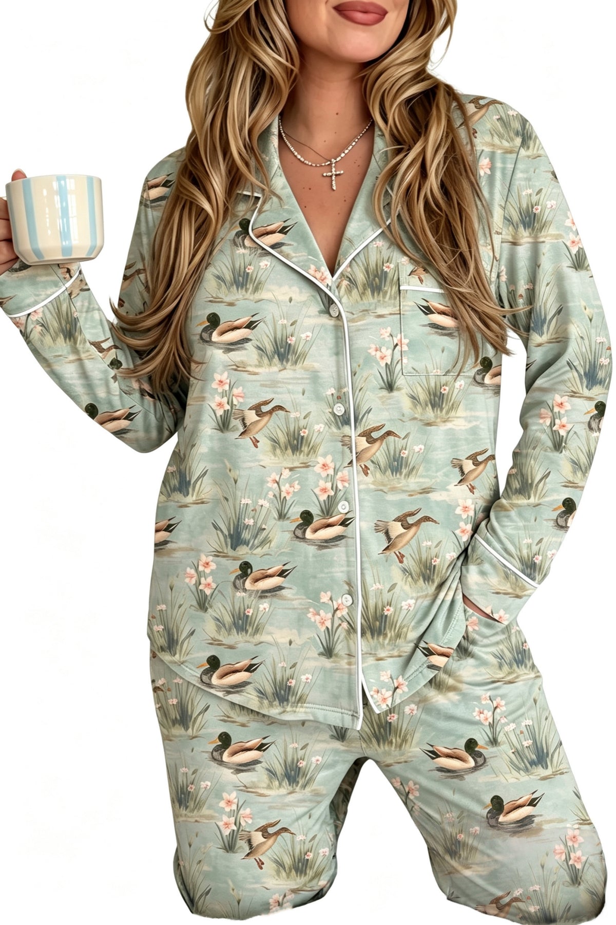 Green Floral Duck Print Long Sleeve Shirt Top 2pcs Pajama Pant Set PREORDER ETA 3 WEEKS