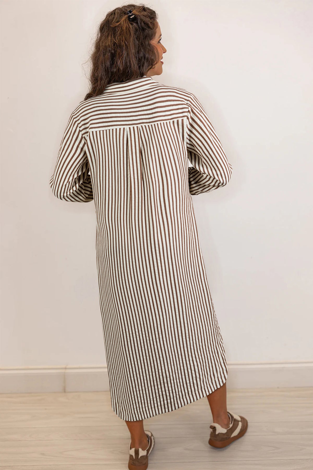 Brown Stripe Textured 3/4 Sleeve Round Hem Split Midi Shirt Dress PREORDER ETA 3 WEEKS