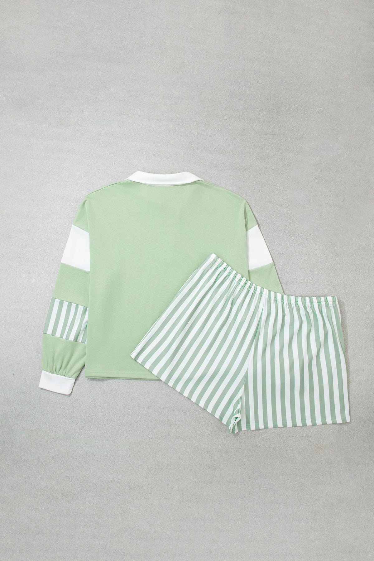 Green Striped Patchwork V Neck Two Piece Shorts Plus Size Set PREORDER ETA 3 WEEKS