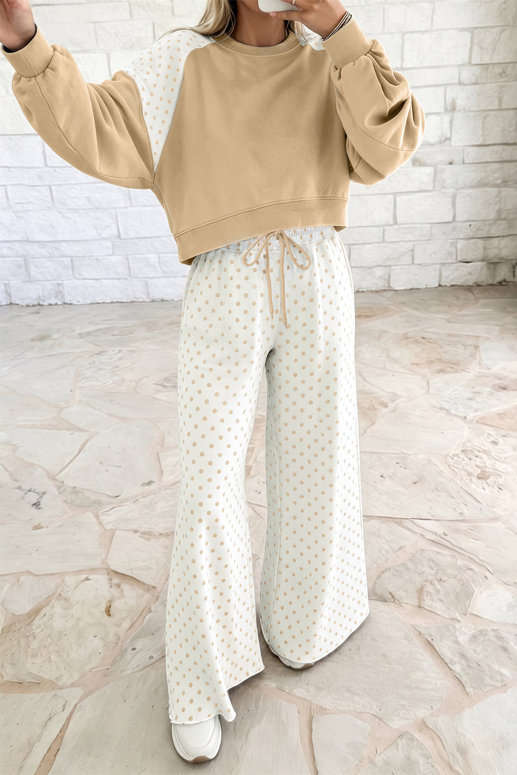 Green Polka Dot Patchwork Colorblock Long Sleeve Casual Two Piece Pants Set PREORDER ETA 3 WEEKS