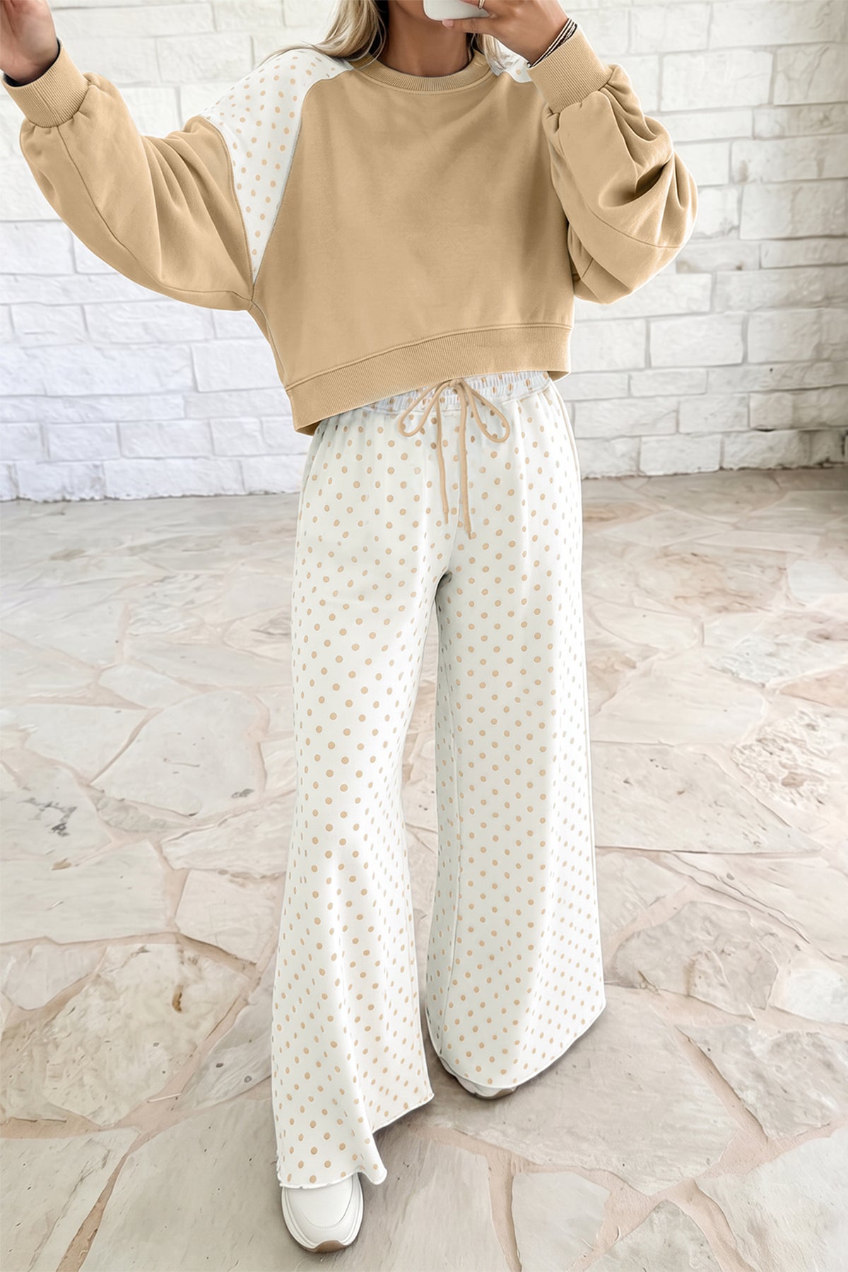 Green Polka Dot Patchwork Colorblock Long Sleeve Casual Two Piece Pants Set PREORDER ETA 3 WEEKS