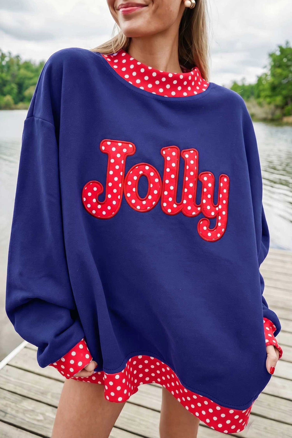 Dirty blue Polka Dot Letter Print Contrast Trim Mock Neck Sweatshirt PREORDER ETA 3 WEEKS