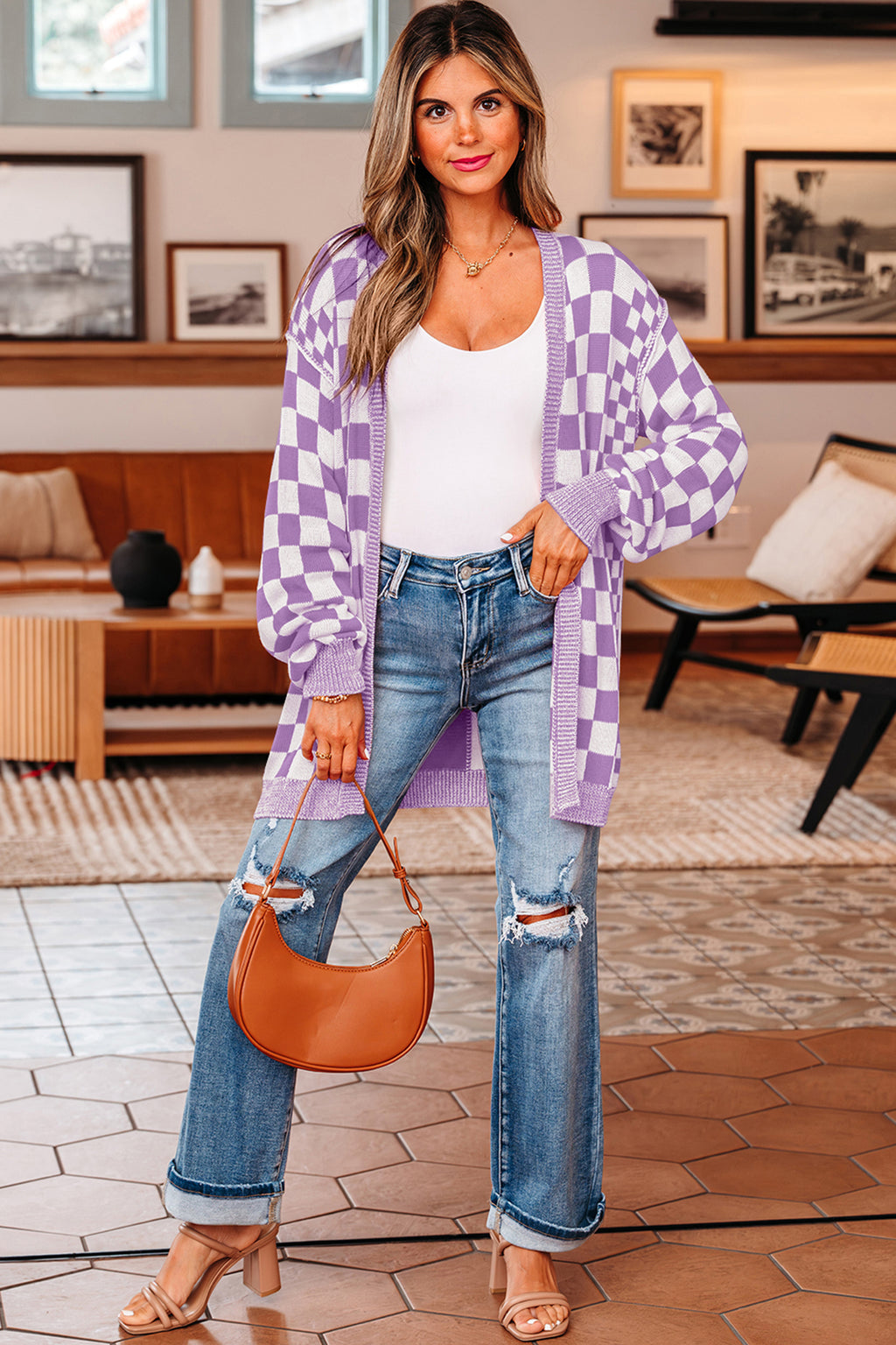 Purple Checkered Open Front Drop Shoulder Cardigan PREORDER ETA 3 WEEKS